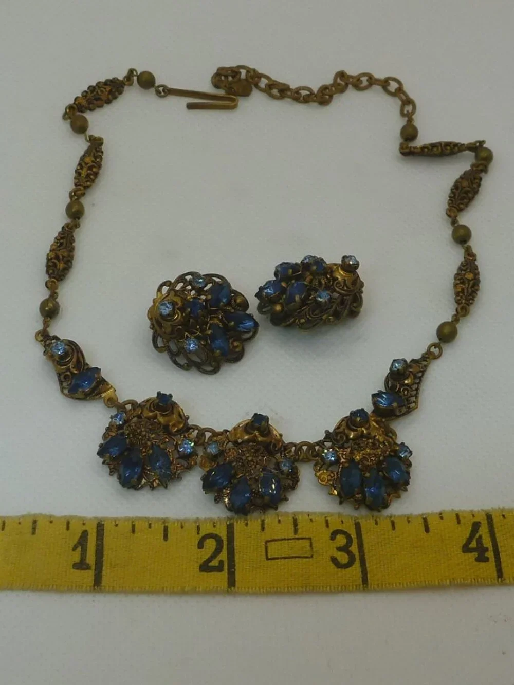 Vintage West Germany Blue Rhinestone Filigree Necklace & Earring Set Demi Parure